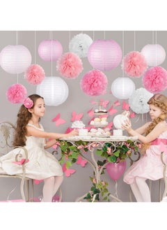 Mordely Hanging Party pom pom Set, 12pcs Pink White Paper Flowers Pom Poms Balls and Paper Lanterns for Wedding Birthday Bridal Baby Shower Graduation, Lantern  - Image 3