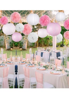Mordely Hanging Party pom pom Set, 12pcs Pink White Paper Flowers Pom Poms Balls and Paper Lanterns for Wedding Birthday Bridal Baby Shower Graduation, Lantern  - Image 4