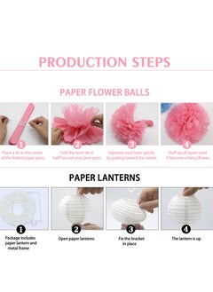 Mordely Hanging Party pom pom Set, 12pcs Pink White Paper Flowers Pom Poms Balls and Paper Lanterns for Wedding Birthday Bridal Baby Shower Graduation, Lantern  - Image 5