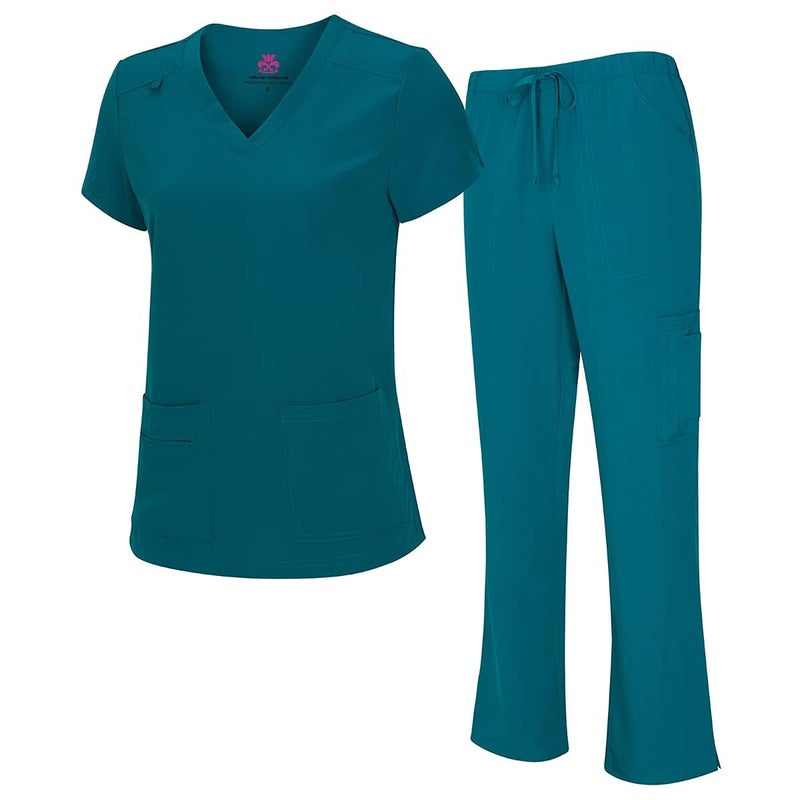 Natural Uniforms طقم قميص بفتحة على شكل حرف V وسروال كارجو للنساء من ناتشورال يونيفورمز (أخضر مائل إلى الأزرق، صغير) - Image 1