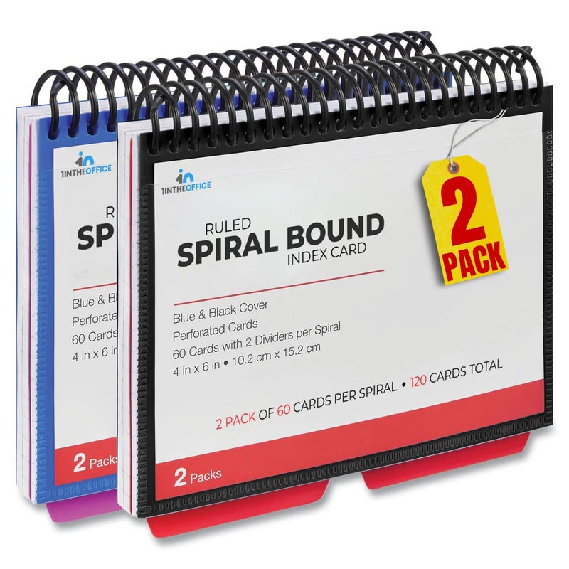1InTheOffice Index Cards 4 x 6 Ruled, Spiral Bound, 120 White Cards/Spiral (2 PACK) - Image 1