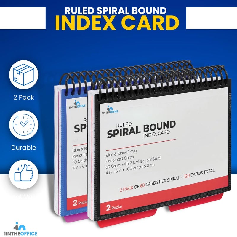 1InTheOffice Index Cards 4 x 6 Ruled, Spiral Bound, 120 White Cards/Spiral (2 PACK) - Image 2