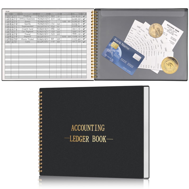HAUTOCO Accounting Ledger Book for Small Business Bookkeeping Home Budget Tracking with 2 Storage Pouch, Accounting Log Journal Personal Money Ledger Expense Tracking Notebook 10.1 x 7.8'', Black - Image 1
