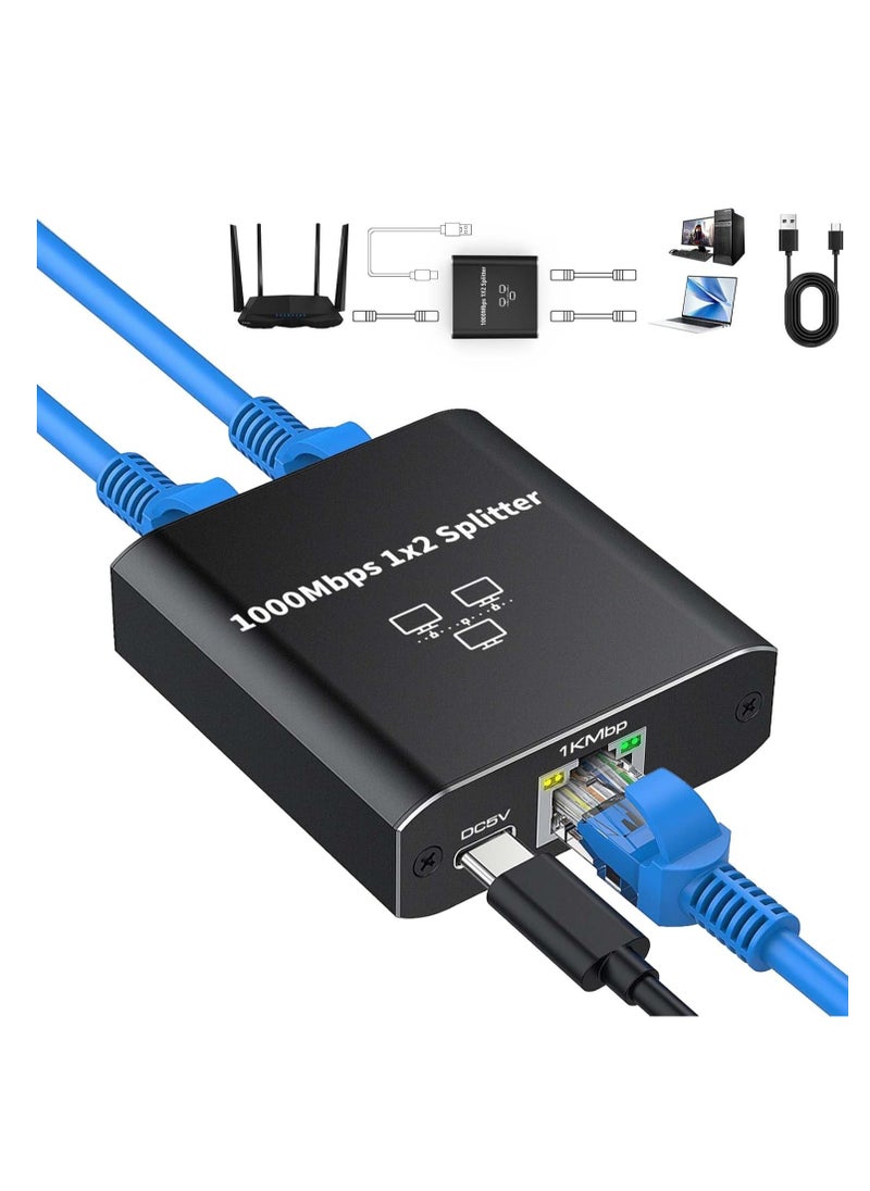 Generic RJ45 1 to 2 Gigabit Network Splitter with Type-C Power Cord – 1000Mbps Ethernet Adapter  - Image 1