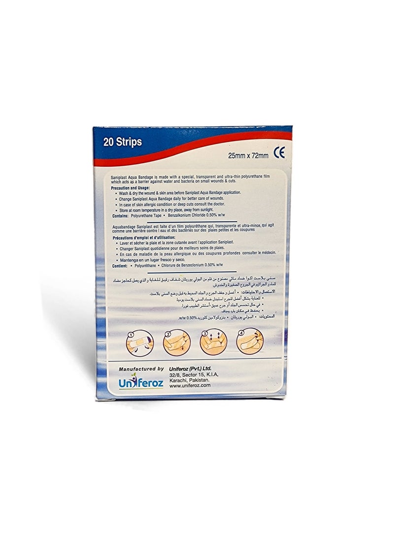 SANIPLAST Pack of 2 - Saniplast Aqua Bandage 20’S, Adhesive Bandages Flexible Waterproof Bandages for First Aid Wound Skin Wrap, Wound Care, Finger cut & Skin Cut. Protection from Bacteria and fast healing - Image 2