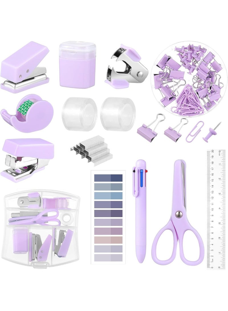 Mini Office Supplies, Purple School Supplies with Sticky Notes,Mini Stapler,Tape Dispenser,Hole Punch,Staple Remover,Staples,Clips,Scissor,Pen (Purple) - Image 1