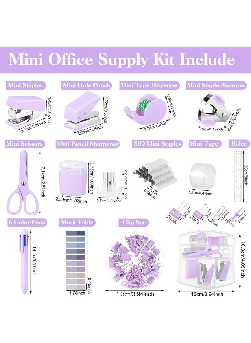 Mini Office Supplies, Purple School Supplies with Sticky Notes,Mini Stapler,Tape Dispenser,Hole Punch,Staple Remover,Staples,Clips,Scissor,Pen (Purple) - Image 4