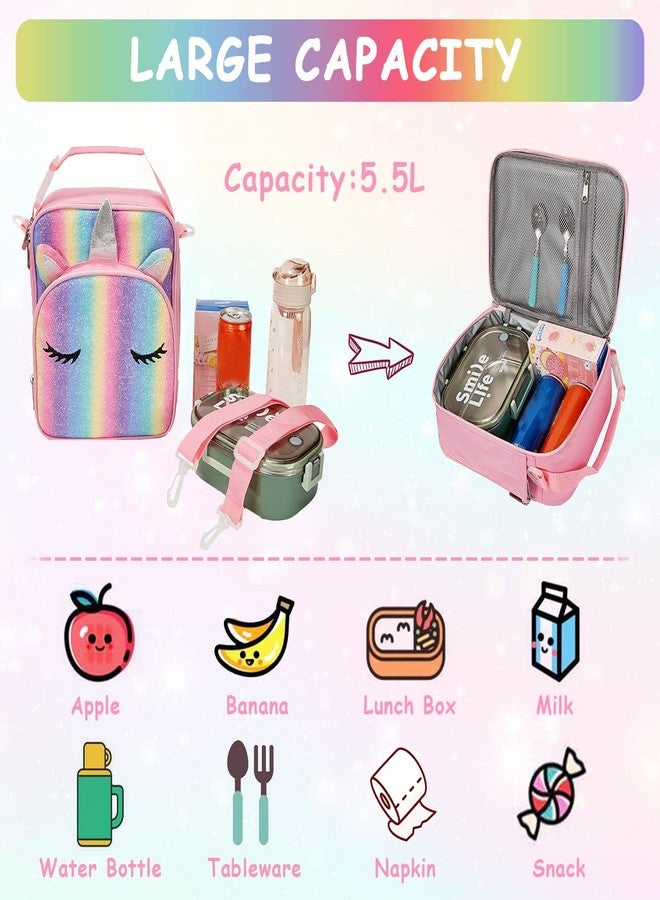 VASCHY Unicorn Lunch Box Bag for Kids, Insulated Reusable Glittery Lunchbox for Girls with Detachable Shoulder Strap for School Sparkle Unicorn - Image 4