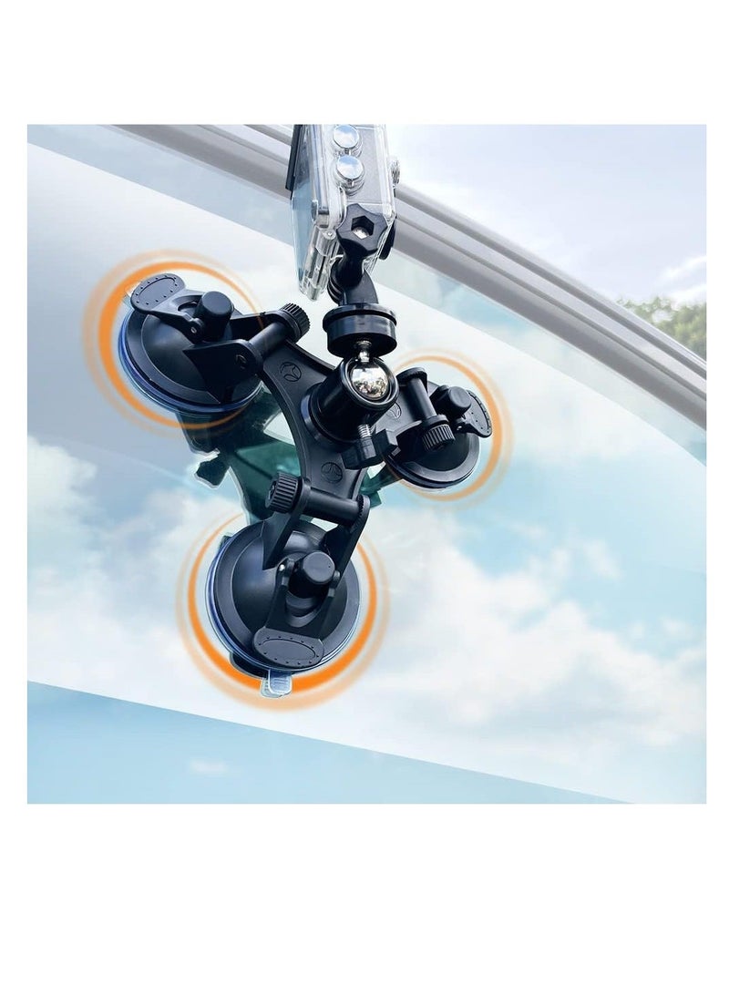 Triple Suction Cup Mount Holder, Action Camera Car Windshield Mount, with 1/4 Threaded Head 360 Degree Tripod Ball Head Mount and Screw, Compatible with Gopro, DJI OSMO Akaso - Image 1