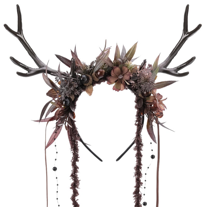 MOSTORY Dark Flower Reindeer Headband - Gothic Floral Antlers Headpiece for Renaissance Accessories Women Dark Fairy Costume, Deer Horns Headband with Vine for Goth Cosplay Renfaire Witch Aesthetic - Image 1