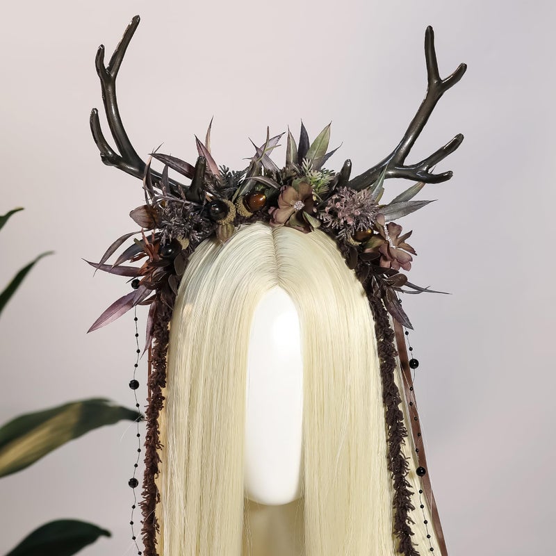 MOSTORY Dark Flower Reindeer Headband - Gothic Floral Antlers Headpiece for Renaissance Accessories Women Dark Fairy Costume, Deer Horns Headband with Vine for Goth Cosplay Renfaire Witch Aesthetic - Image 5