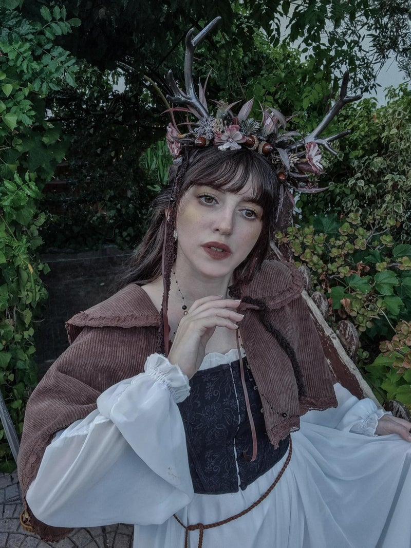 MOSTORY Dark Flower Reindeer Headband - Gothic Floral Antlers Headpiece for Renaissance Accessories Women Dark Fairy Costume, Deer Horns Headband with Vine for Goth Cosplay Renfaire Witch Aesthetic - Image 2