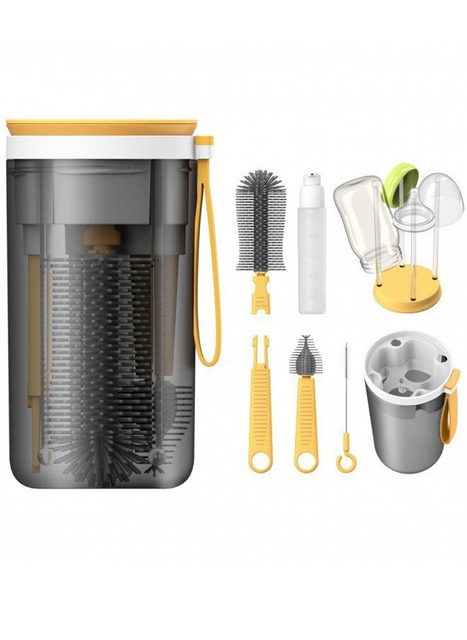 Super ZYouth Portable Bottle Brush Cleaner Set, Travel Bottle Cleaner Kit for Baby with Silicone Bottle, Nipple and Straw Brush, Stirring Head, Soap Dispenser, Drying Rack and Storage Box, Yellow  - Image 1