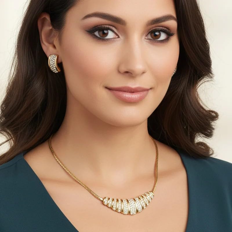 Estele 24 Kt Gold Plated Boomerang Styled Necklace with Matching Earring for Women with Austrian Crystals - Image 2