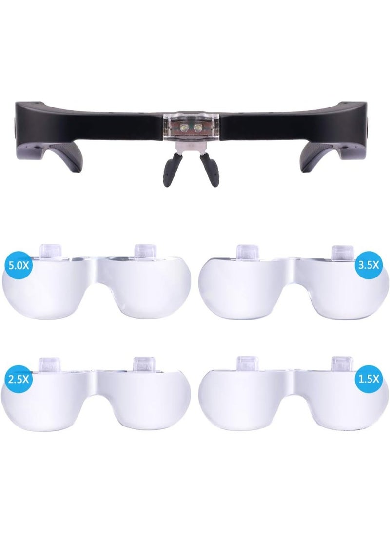 Head Magnifier Glasses with 2 LED Lights USB Charging Magnifying Eyeglasses for Reading Jewelry Craft Watch Repair Hobby, Detachable Lenses 1.5X, 2.5X, 3.5X,5X - Image 1