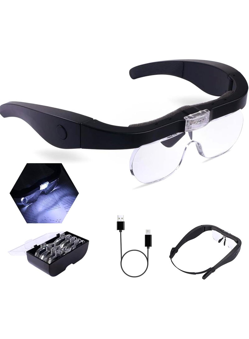 Head Magnifier Glasses with 2 LED Lights USB Charging Magnifying Eyeglasses for Reading Jewelry Craft Watch Repair Hobby, Detachable Lenses 1.5X, 2.5X, 3.5X,5X - Image 4