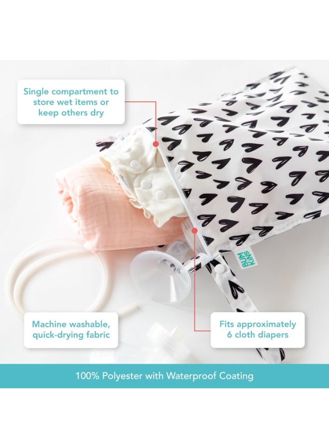 Bumkins Waterproof Wet Bag for Baby, Travel, Swim Suit, Cloth Diapers, Pump Parts, Pool, Beach, Gym Clothes, Toiletry, Hook to Stroller, Daycare, Zipper Reusable Wetdry Packing Pouch, Black Hearts - Image 2