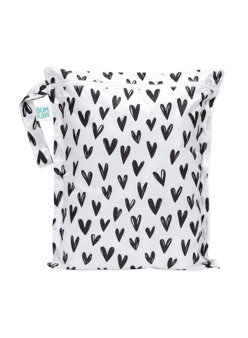 Bumkins Waterproof Wet Bag for Baby, Travel, Swim Suit, Cloth Diapers, Pump Parts, Pool, Beach, Gym Clothes, Toiletry, Hook to Stroller, Daycare, Zipper Reusable Wetdry Packing Pouch, Black Hearts - Image 1