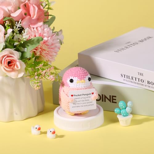 lasuroa Funny Positive Penguin Doll, 2.6 Inch Cute Pocket Penguin Hug Knitted Toy Crochet with Card Emotional Support Inspirational Encouragement Potato for Family Friend Home Life Gift Decor (Pink) - Image 4