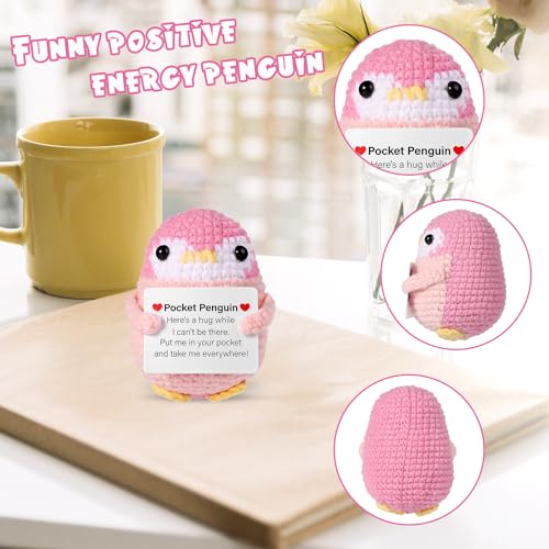 lasuroa Funny Positive Penguin Doll, 2.6 Inch Cute Pocket Penguin Hug Knitted Toy Crochet with Card Emotional Support Inspirational Encouragement Potato for Family Friend Home Life Gift Decor (Pink) - Image 3