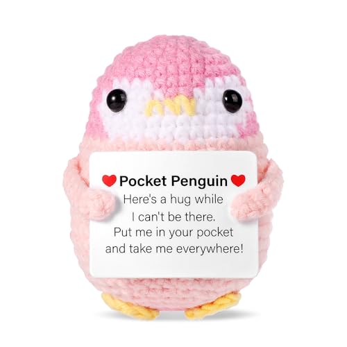 lasuroa Funny Positive Penguin Doll, 2.6 Inch Cute Pocket Penguin Hug Knitted Toy Crochet with Card Emotional Support Inspirational Encouragement Potato for Family Friend Home Life Gift Decor (Pink) - Image 1