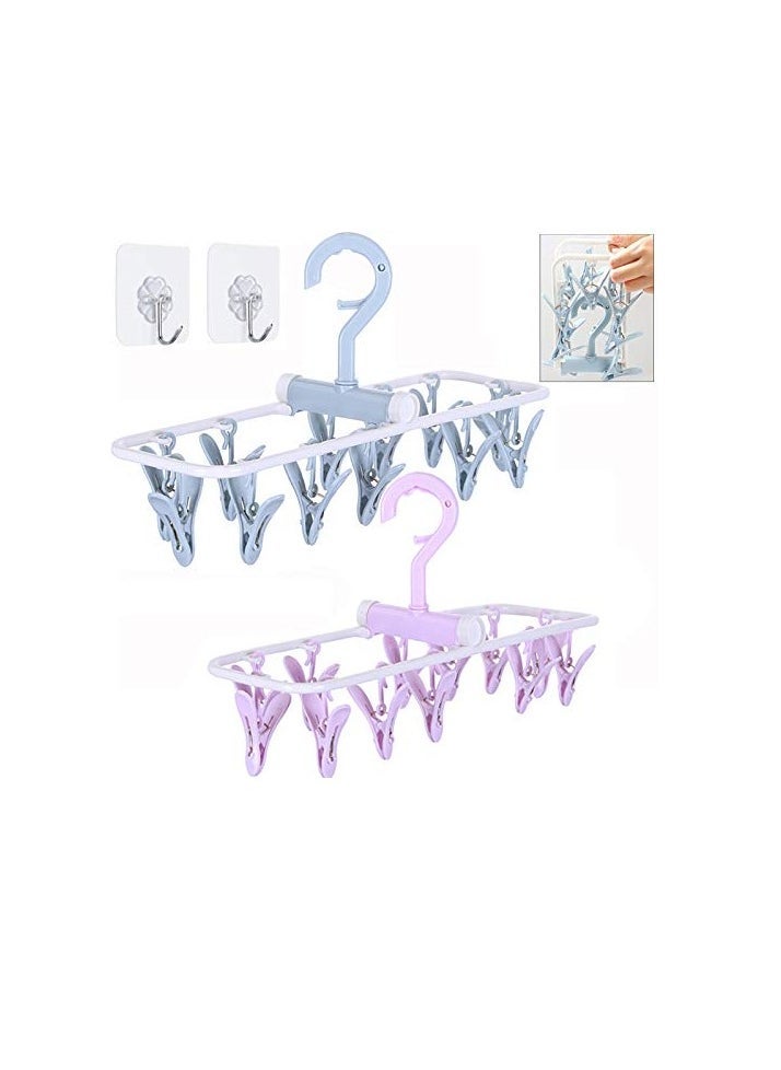 Clothes Drying Hanger with 12 Clips, 4 Pack Small Folding Portable Underwear Hangers, Drip Foldable Hanging Rack, 360° Rotatable Hook for Drying Towels Bras Baby Clothes Gloves Plast - Image 1