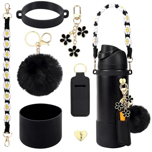 SLEILIN Compatible for Owala Accessories Bundle: Silicone Boot for 24oz & 32oz Bottles, Charms, Handle, Strap, Rubber Bottoms, and Decorative Add-ons for Your Compatible for Owala Water Bottle, Black - Image 1