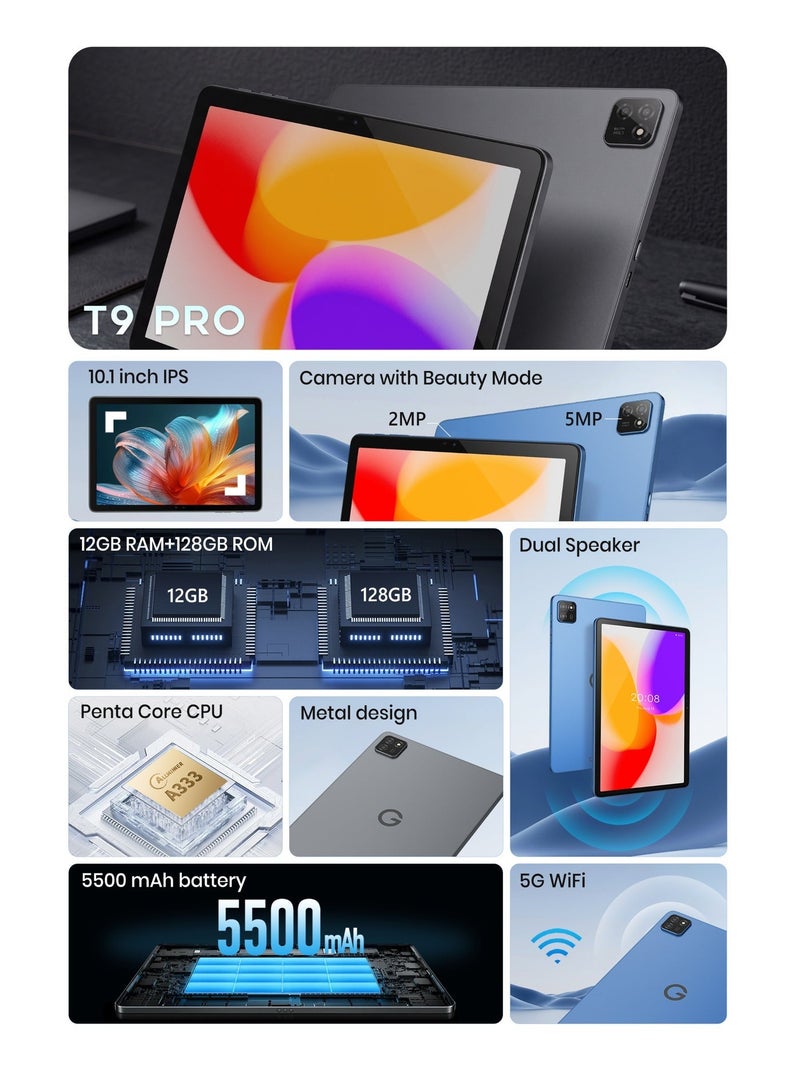 G-Tab T9 Pro Tablet 10.1 Inch Android 15 | 12GB RAM 128GB Storage | IPS Display 5G WiFi Bluetooth 5.0 | Dual Speakers | With Keyboard Mouse & Touch Pen | Blue - Image 3