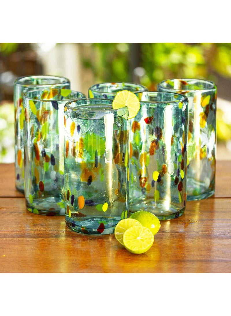 NOVICA NOVICA Light Blue Confetti EcoFriendly Hand Blown Glass Tumblers 16 Oz Sky Rainbow Raindrops Set Of 6  - Image 2