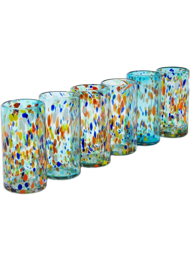 NOVICA NOVICA Light Blue Confetti EcoFriendly Hand Blown Glass Tumblers 16 Oz Sky Rainbow Raindrops Set Of 6  - Image 4