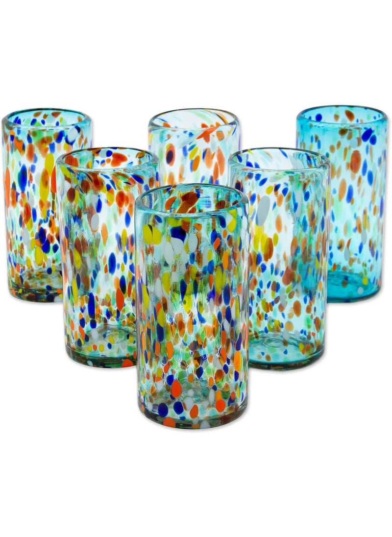 NOVICA NOVICA Light Blue Confetti EcoFriendly Hand Blown Glass Tumblers 16 Oz Sky Rainbow Raindrops Set Of 6  - Image 1