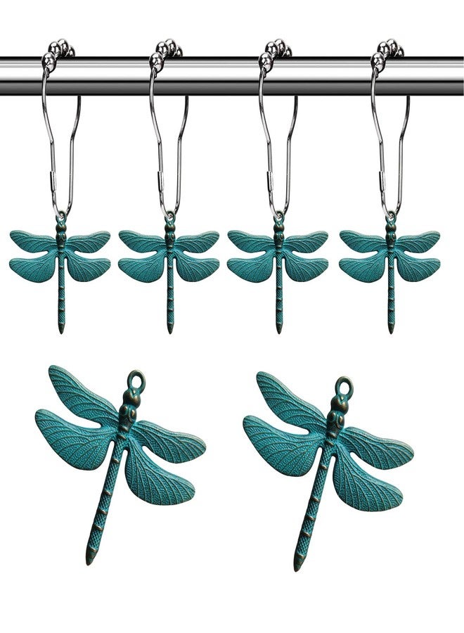 Aimoye Dragonfly Bathroom Shower Curtain Hooks - Rust Proof Brushed Nickel Rings with Dragonfly Pendant Accessories Set Decorate Bath Room with Natural, Forest, Garden, Country Theme, 12PCS (Green) - Image 1