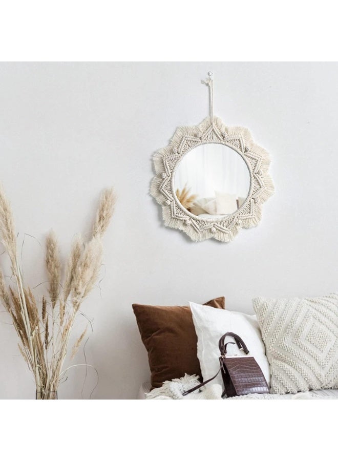 Macrame Wall Mirror with Fringe, Boho Round Decorative Hanging Mirror, 15 Inch, Cotton Rope Handmade - Image 2