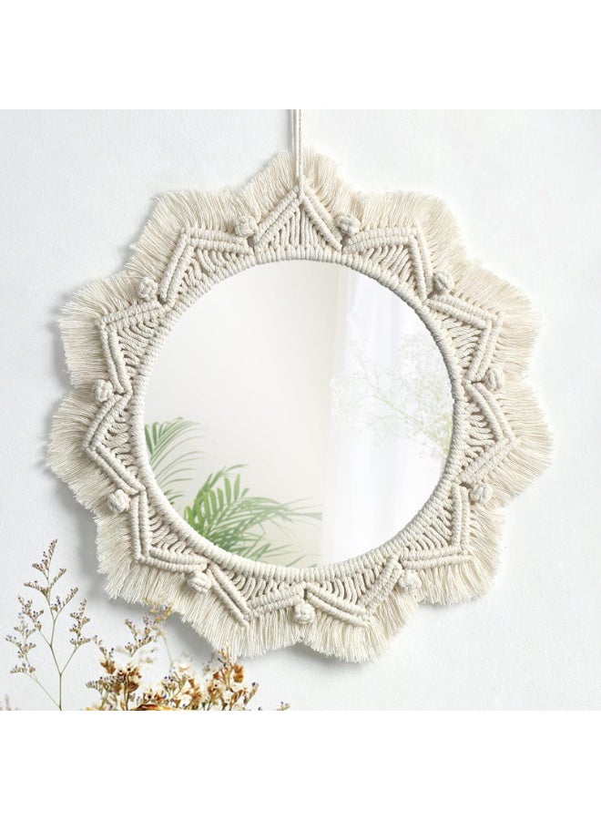 Macrame Wall Mirror with Fringe, Boho Round Decorative Hanging Mirror, 15 Inch, Cotton Rope Handmade - Image 1