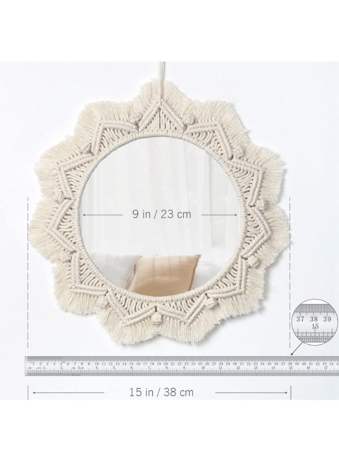 Macrame Wall Mirror with Fringe, Boho Round Decorative Hanging Mirror, 15 Inch, Cotton Rope Handmade - Image 3