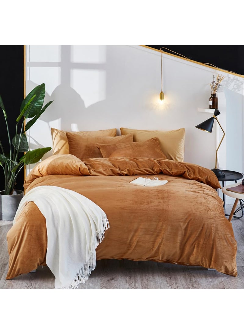 Houseri Houseri Comforter Set Queen Pumpkin Color Velvet Bedding with Sherpa 3 Pcs Warm Fuzzy Dusty Orange Flannel Ideal for Winter and Cold Areas 