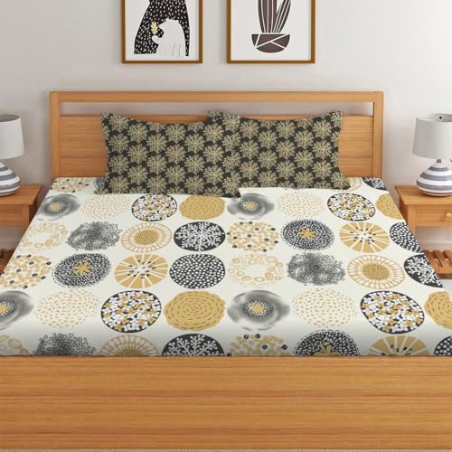 LOOMLYFE 300 TC Cotton Feel Glace Cotton Elastic Fitted Printed King Size Double Bed Bedsheet With 2 Pillow Covers Fits Upto 8 Inches Mattress, Size- 72X78 Inches, Peacocksunflower, Green - Image 3