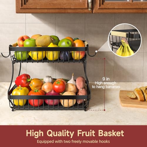 Sevenblue 2 Tier Large Fruit Basket for Kitchen Counter with 2 Mobile Banana Hangers, 2025 Pro Detachable Metal Fruit Bowl with Wooden Handle, Fruit Holder for Bread Snack Veggies with Protective Mats - Image 2