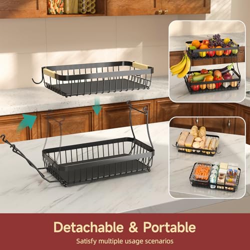 Sevenblue 2 Tier Large Fruit Basket for Kitchen Counter with 2 Mobile Banana Hangers, 2025 Pro Detachable Metal Fruit Bowl with Wooden Handle, Fruit Holder for Bread Snack Veggies with Protective Mats - Image 3