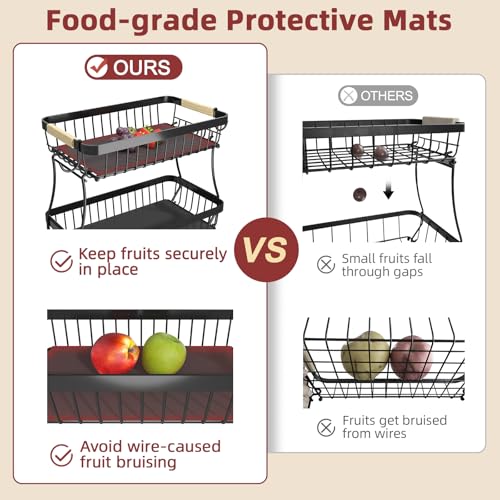 Sevenblue 2 Tier Large Fruit Basket for Kitchen Counter with 2 Mobile Banana Hangers, 2025 Pro Detachable Metal Fruit Bowl with Wooden Handle, Fruit Holder for Bread Snack Veggies with Protective Mats - Image 5