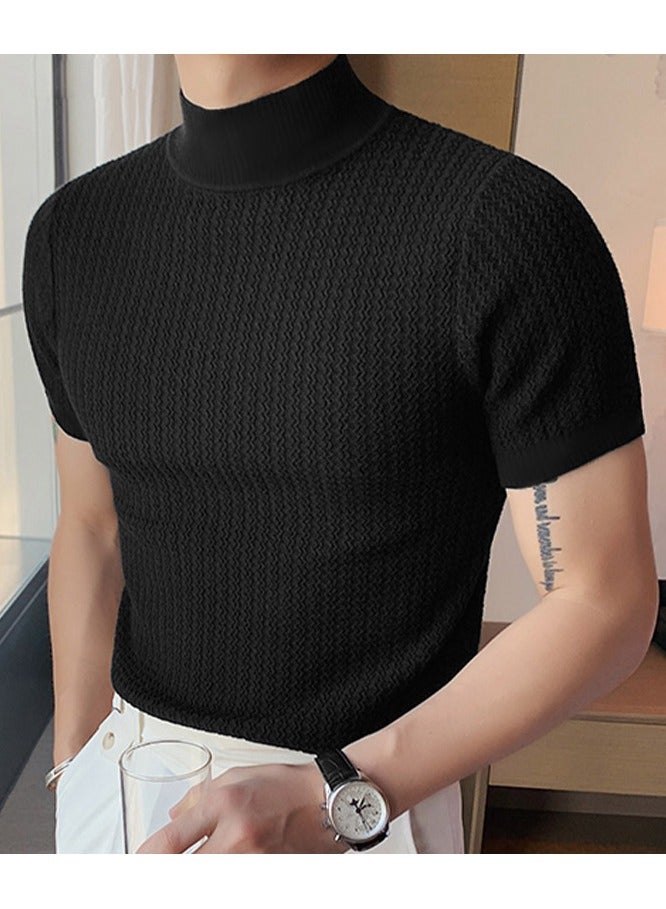 NIBEMINENT Turtleneck Chic Elegant T-shirt, Men's Casual Short Sleeve Shirt For Summer Dating Dinner  - Image 4