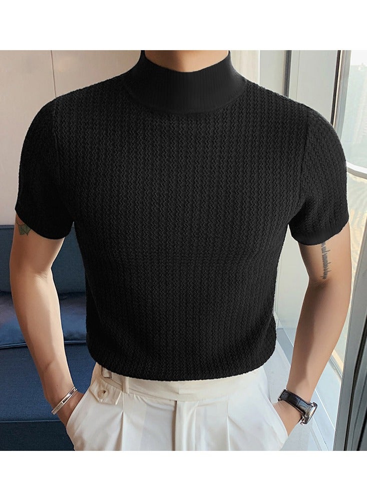 NIBEMINENT Turtleneck Chic Elegant T-shirt, Men's Casual Short Sleeve Shirt For Summer Dating Dinner  - Image 3