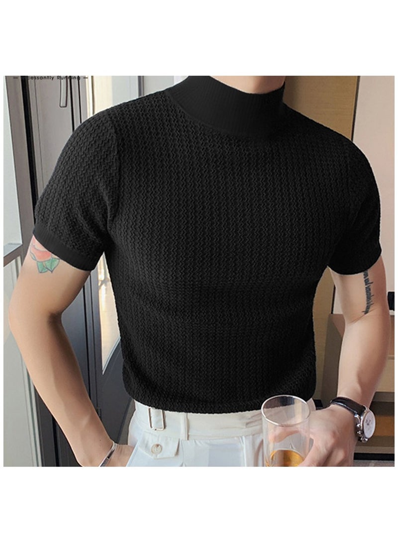 NIBEMINENT Turtleneck Chic Elegant T-shirt, Men's Casual Short Sleeve Shirt For Summer Dating Dinner  - Image 1