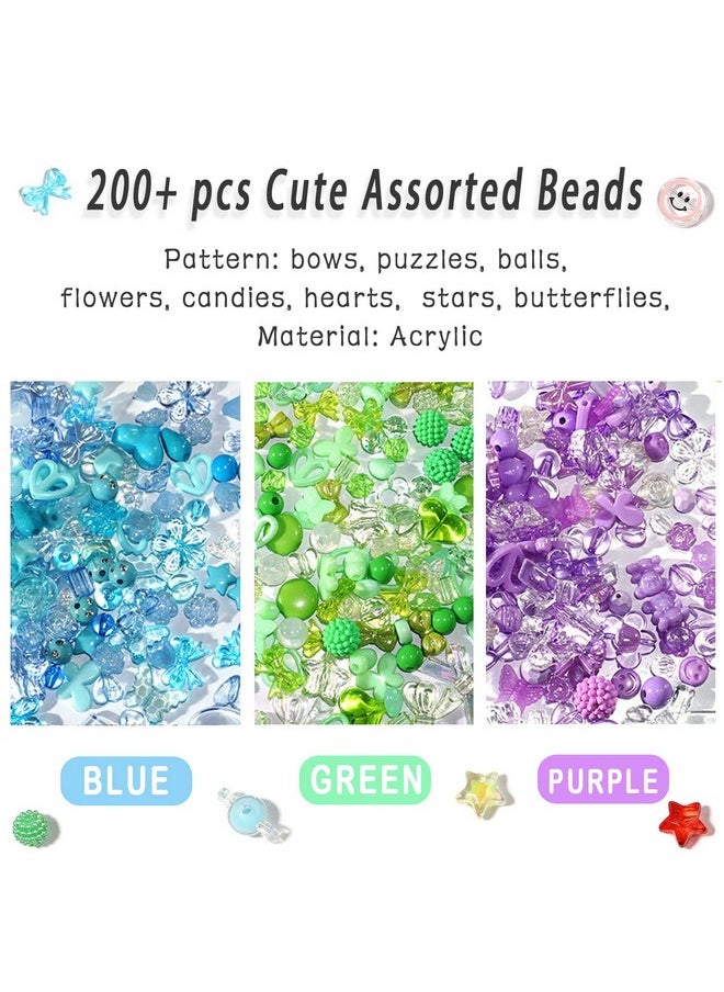 LadayPoa - 170~210Pcs Cute Assorted Beads For Jewelry Making Acrylic Kawaii Aesthetic Beads For Bracelets Making Flower Butterfly Beads Bulk Necklaces Diy Mobile Phone Chains (Blue Green Purple) - Image 1