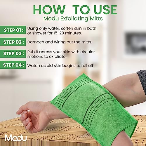 Modu Korean Exfoliating Mitts Large 4PCS (Green, Yellow, Sky Blue, Pink) – Exfoliating Gloves Body Scrubber Italy Towel Washcloth for Korean Spa at Home, Dead Skin Remover, 100% Vegan Viscose - Image 3