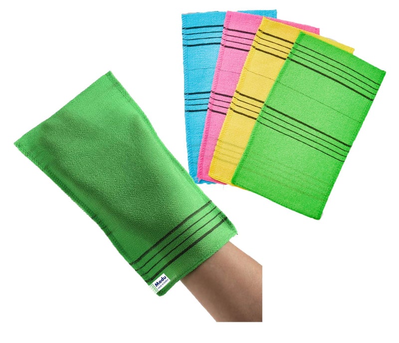 Modu Korean Exfoliating Mitts Large 4PCS (Green, Yellow, Sky Blue, Pink) – Exfoliating Gloves Body Scrubber Italy Towel Washcloth for Korean Spa at Home, Dead Skin Remover, 100% Vegan Viscose - Image 1
