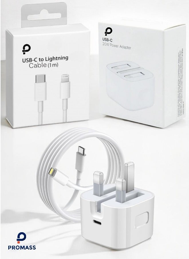 PROMASS iPhone Fast Charger, 20W iPhone Charger with iPhone Charger Cable 1M, USB C Plug with USB C Light-ning Cable for iPhone 14/13/ 12/11/ X/SE/ 8/7, Pad - Image 1