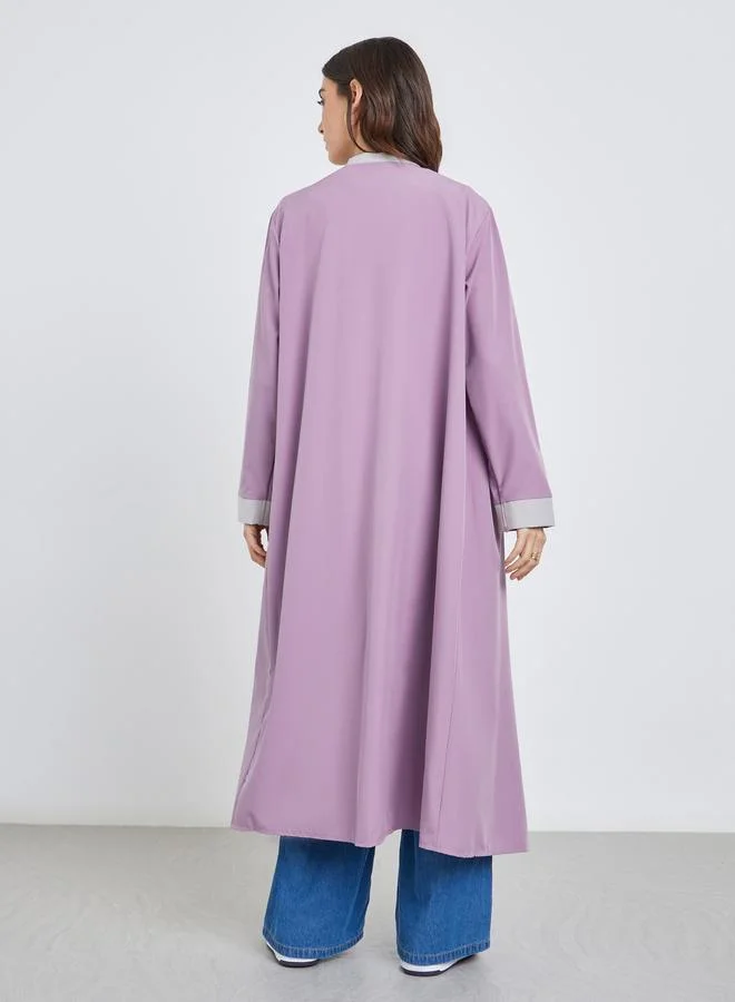تايك تو Take Two Women Purple Solid Contrast Trim Open Front Kimono