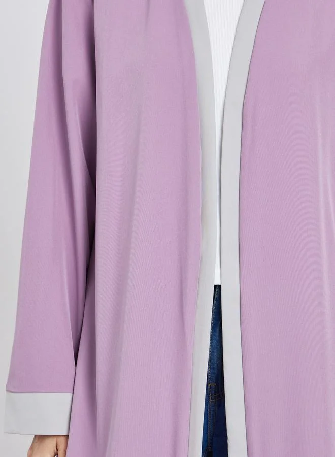 تايك تو Take Two Women Purple Solid Contrast Trim Open Front Kimono