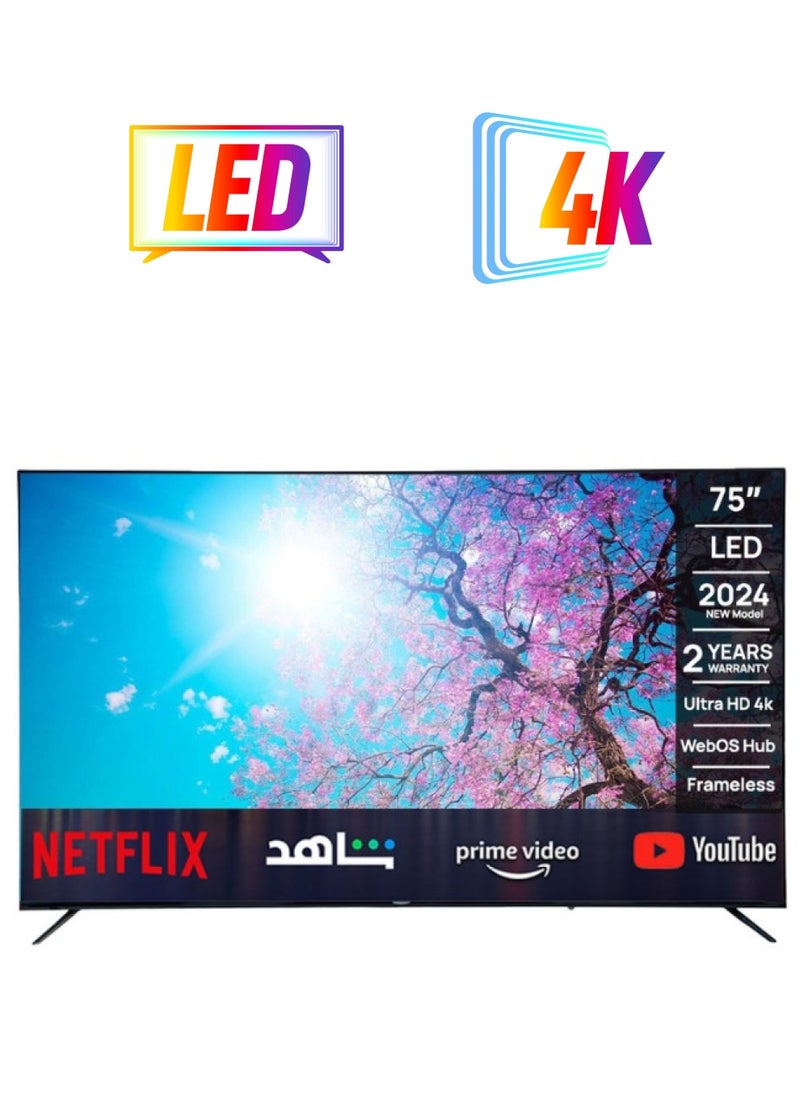جينيرال جولد - تلفزيون ذكي من General Gold بقياس 75 بوصة، بدقة 4K UHD، بنظام WebOS Hub، تصميم بدون إطار، تحكّم صوتي، بلوتوث، ويدعم Netflix وYouTube وPrime Video - Image 1